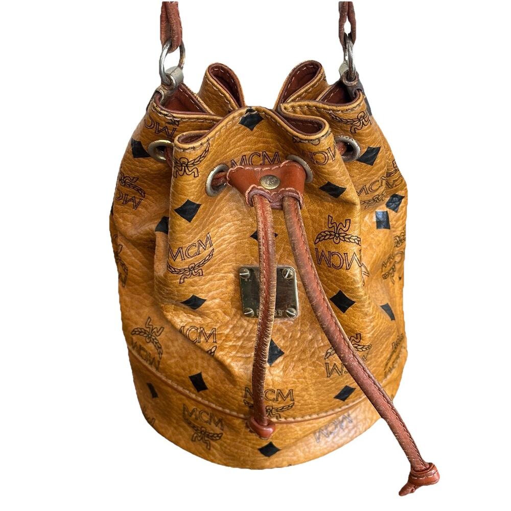 Authentic MCM Visetos Drawstring Bucket Shoulder Crossbody Bag Monogram Logo